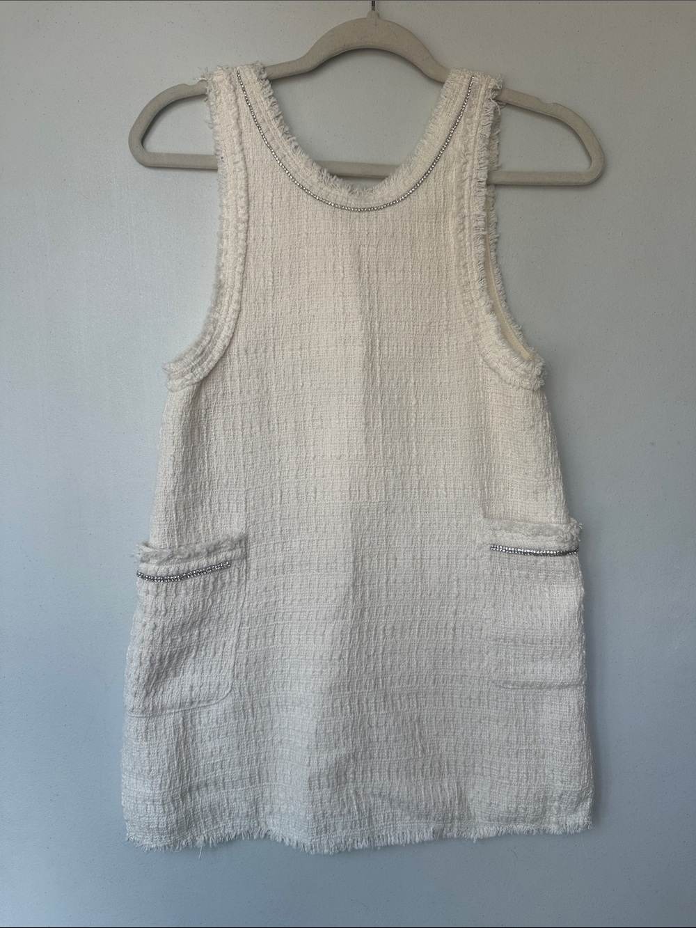Zara Cream Textured Sleeveless Pocket Dress with Chain Trim
